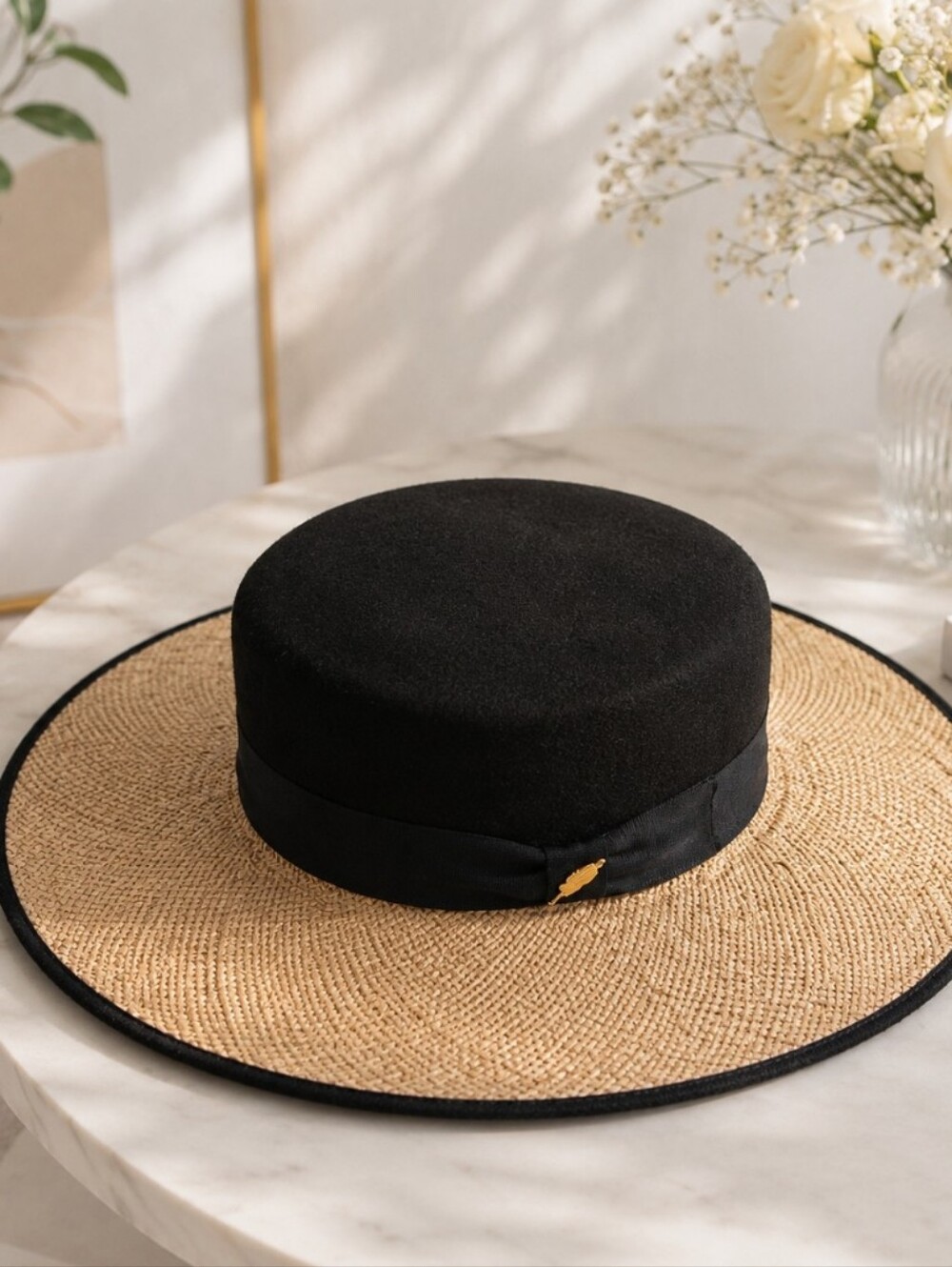 Lina Osorio Wide Brim Black Felt Straw Hat
